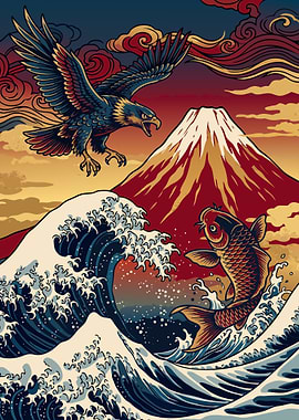 Eagle and Koi at Mount Fuji