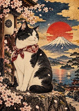 Cat with Mount Fuji Japanese Art