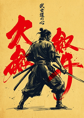 Japanese Samurai Warrior With Katana And Red Kanji Ink Brush Strokes Art Poster