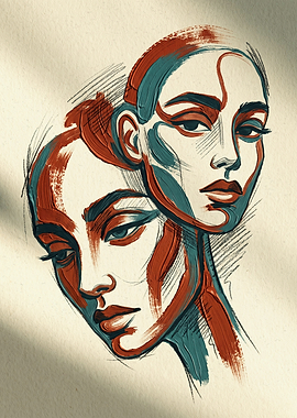 Dual Female Faces Art Portrait Abstract Sketch