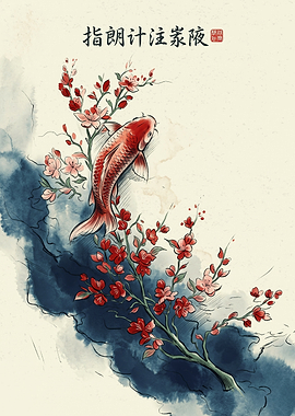 Koi Fish Plum Blossom Asian Art Watercolor Ink Painting Traditional Japanese Style