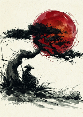 Samurai Under Bonsai Tree Red Sun Japan Art Japanese Ink Wash Painting