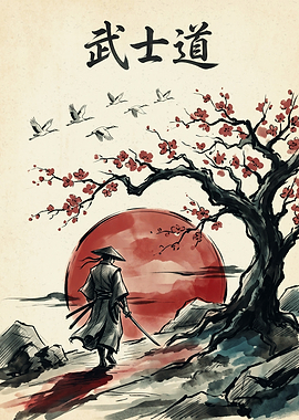 Samurai Cherry Blossom Japan Art Japanese Bushido Warrior Ink Wash Painting Poster