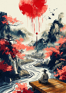Asian Landscape Monk Red Sun Japanese Watercolor Ink Painting Print