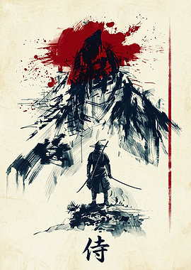 Samurai Mountain Japanese Ink Painting Art Print