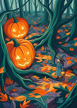 Little Witch And Giant Jack O Lantern Halloween Forest Comic Art