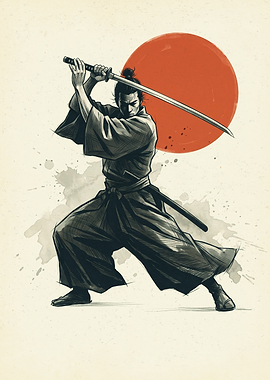 Samurai Warrior Drawing Japan Art Print Ink Sketch