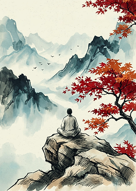 Meditating Monk Mountain Landscape Watercolor Chinese Ink Painting Art