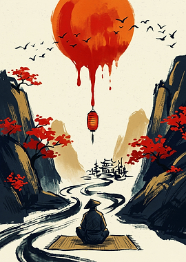 Asian Landscape Samurai Red Sun And Lantern Watercolor Ink Art Print