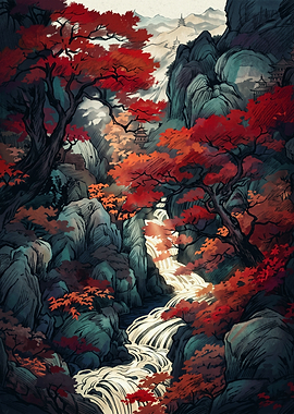 Autumn Red Maple Trees And Waterfall Landscape Japanese Ink Painting Print