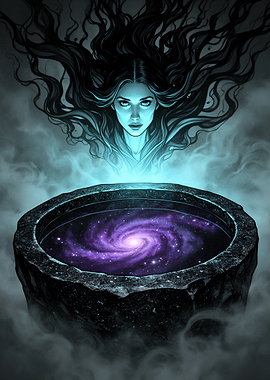 Mystical Woman Gazing into Cosmic Cauldron