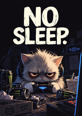 No Sleep Gamer Cat Poster - Midnight All-Nighter Art