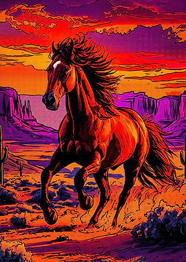 Horse Mountain Sunset Retro Art
