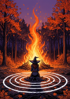 Witch Kneeling Before Magical Bonfire
