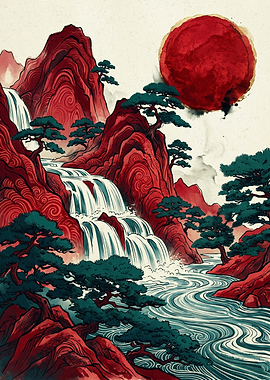 Japanese Waterfall Red Sun Landscape Mountain Art Print Ukiyo E