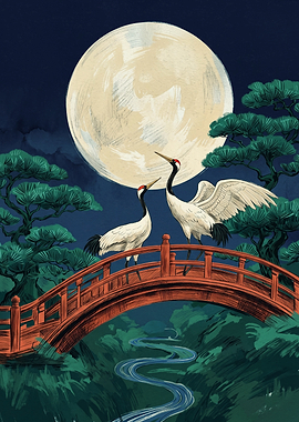 Japanese Cranes Bridge Moon Nature Art Style Graphic Illustration