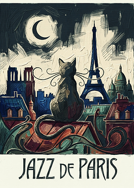 Cat In Paris Cityscape Jazz Art Style