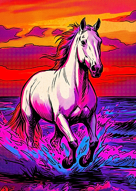 Horse Ocean Retro Sunset Pop Art