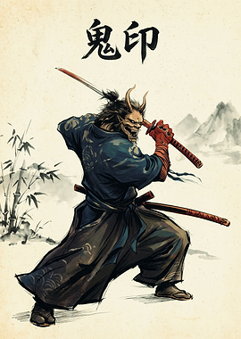 Samurai Demon Japanese Art Ink Brush Style