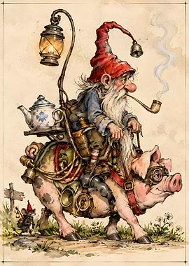 Gnome Riding a Pig Illustration