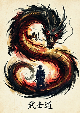 Samurai Facing Dragon Fantasy Art Japanese Warrior Poster Ink Sketch Style