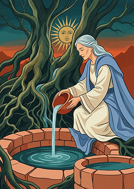 Goddess Pouring Water Well Tree Sun Mythological Art Illustration