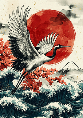 Japanese Crane Flying Red Sun Mt Fuji Art Print Traditional Ukiyo-e Watercolor