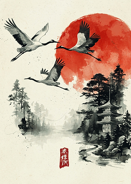 Flying Cranes And Pagoda Japanese Art Red Sun Asian Nature Painting