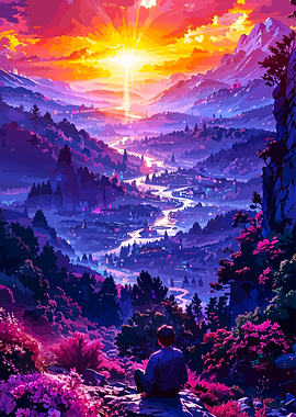Person overlooking a vibrant sunset valley
