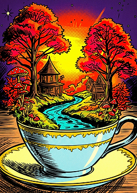 Teacup World Fantasy Retro Poster