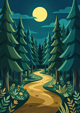 Winding Path Through Pine Forest Nature Landscape Digital Illustration