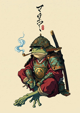 Samurai Frog Smoking Pipe Japanese Warrior Art Print Illustration