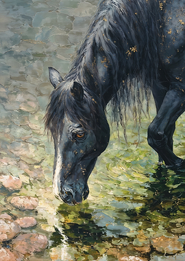Black Horse Drinking From Shallow Woodland Stream