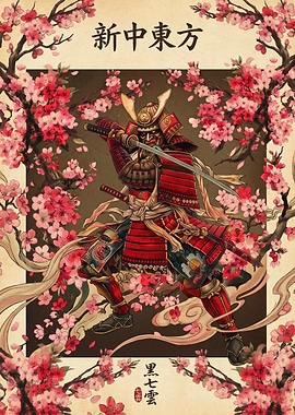 Samurai Warrior Cherry Blossoms Japanese Art Print