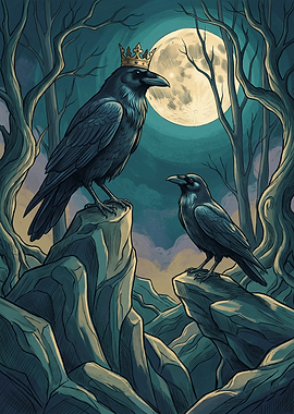 Crow King Moon Forest Fantasy Bird Graphic Art