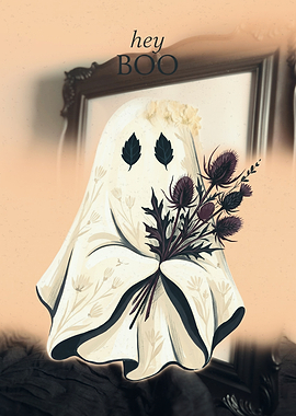 Hey Boo Floral Ghost Halloween Spooky Cute Minimalist Illustration Art
