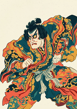 Japanese Samurai Warrior Kabuki Actor Traditional Ukiyo E Woodblock Art