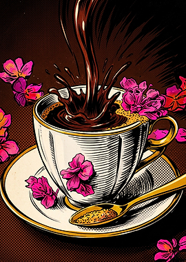 Coffee Cup Floral Pour Retro Art