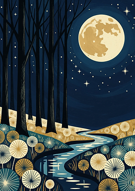 Full Moon River Nature Forest Landscape Folk Art Illustration