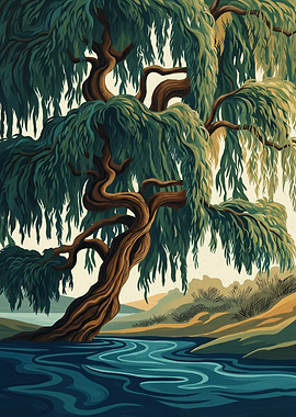 Weeping Willow Tree Nature Landscape Illustration Vintage Art