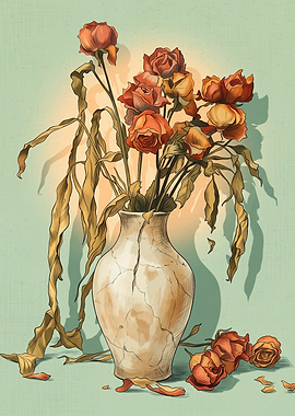 Wilted Roses In Cracked Vase Floral Art Vintage Sketch