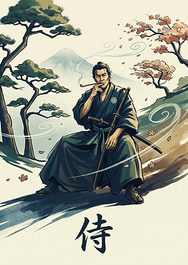 Samurai Smoking Pipe Japan Mount Fuji Japanese Ukiyo E Art Style