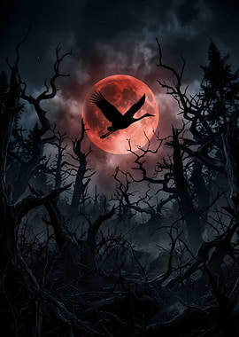 Crane Flying Before Red Moon