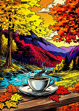 Autumn Coffee Cup River Vintage Art