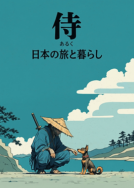 Samurai And Dog Japan Travel Poster Minimalist Clear Brush Strokes Art