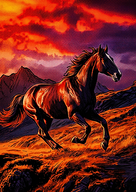 Horse Running Sunset Retro Art