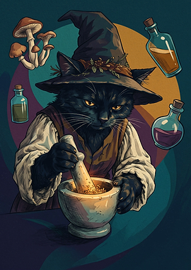 Black Witch Cat Brewing Potions Magic Fantasy Vintage Retro Illustration Style