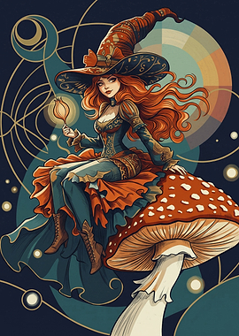 Witch Sitting On Mushroom Fantasy Magic Art Nouveau Style