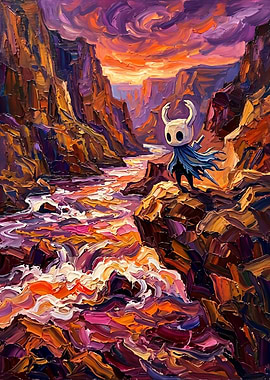 Hollow Knight in Impasto Canyon Landscape