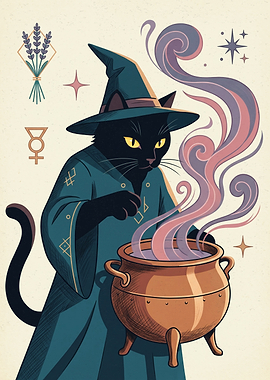 Black Cat Witch Brewing Magic Potion Illustration Magic Fantasy Art